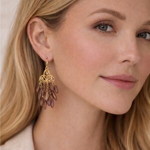 Alexis Bittar Gold Filigree Chandelier Earrings with Smoky Mauve Lucite Drops